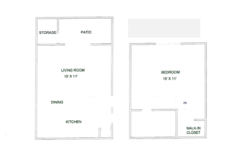 A floor plan of a small apartment with a living room, dining room, kitchen, bedroom, storage, and patio.